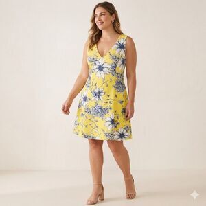 Vince Camuto Women's Size 14 Yellow Floral V-Neck Fit & Flare Dress VC9M9257